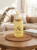 vasos efecto esmerilado con tapa de bambú y sorbete color amarillo
